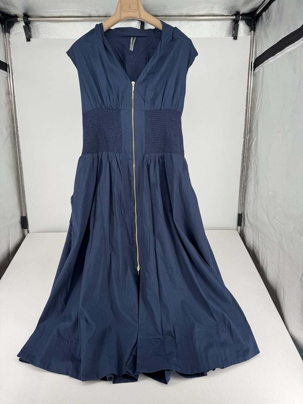 Anthropologie Maeve The Tommie Dress Size L Navy Blue Cotton Zip Front